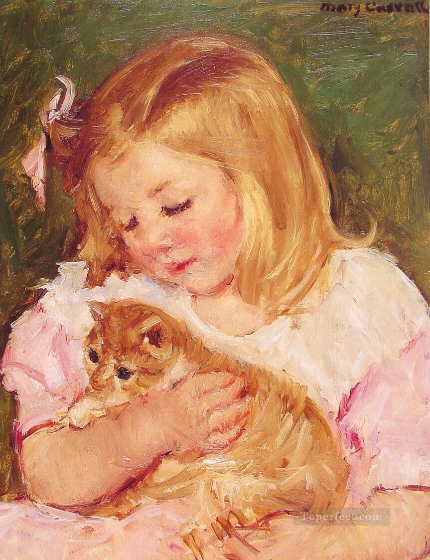 Sara Holding A Cat mary cassatt pet kids Oil Paintings